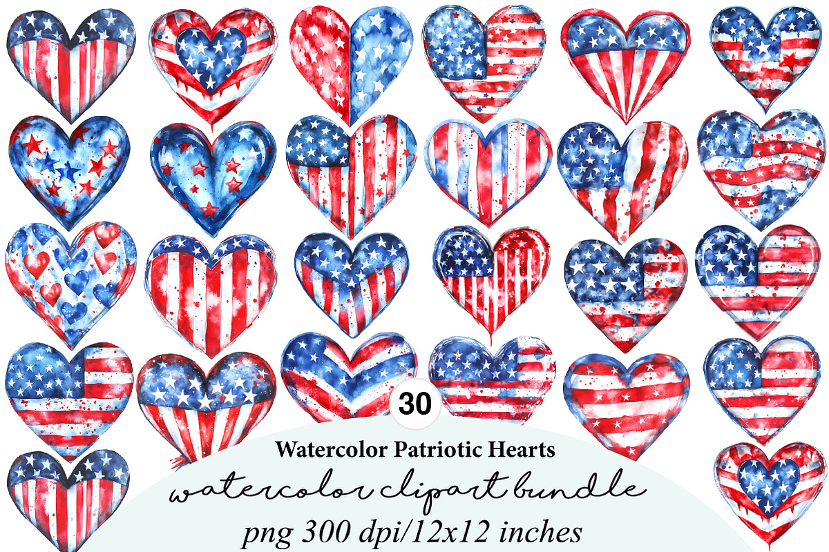 Watercolor Patriotic Hearts Clipart, an Illustration by Digital Artistic99 (Photo 1 of 9)