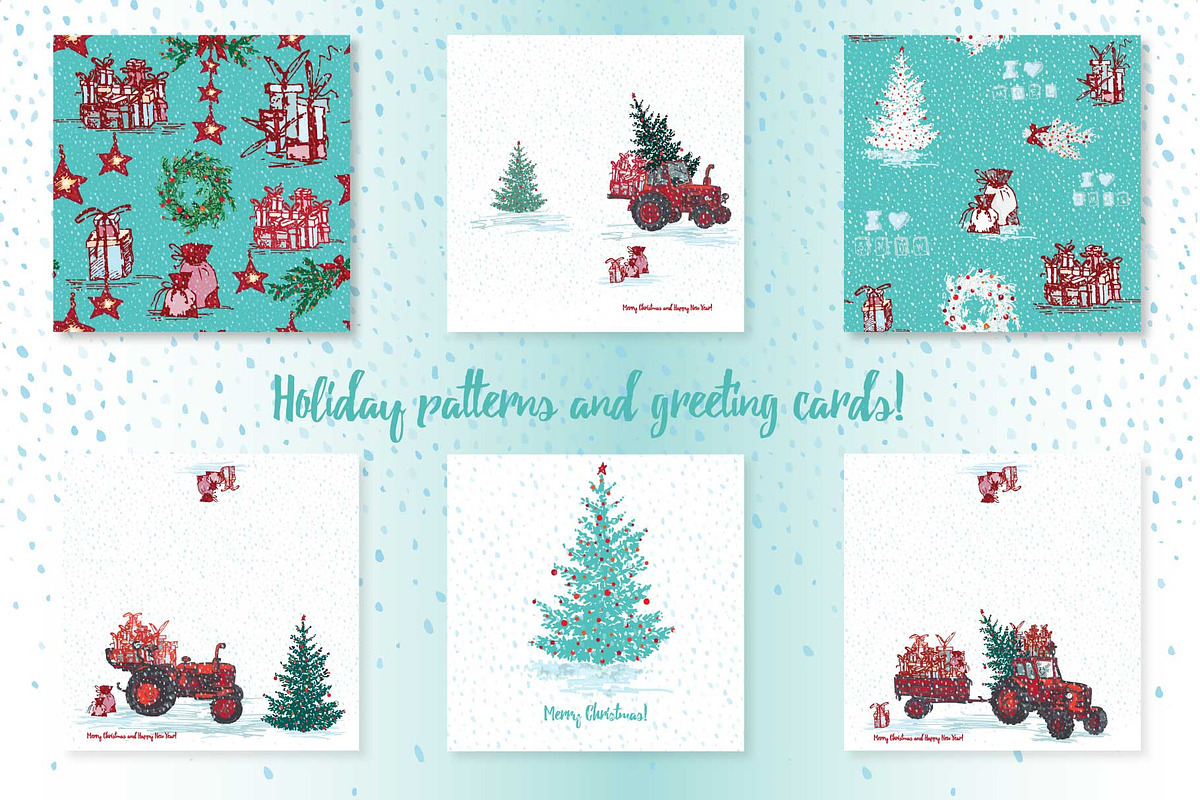 Set of Hand drawn Christmas tractors, a Decorative Illustration by Zimages (Photo 6 of 7)