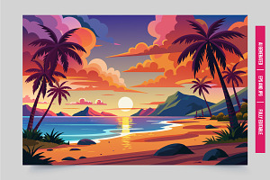 Tropical beach sunset palms, an Illustration by Tanuart