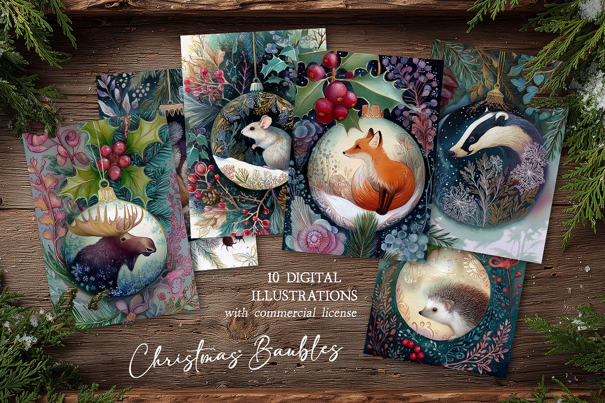 Animals In Christmas Baubles Cards, a Seasonal Illustration by The Dutch Lady Designs (Photo 1 of 7)