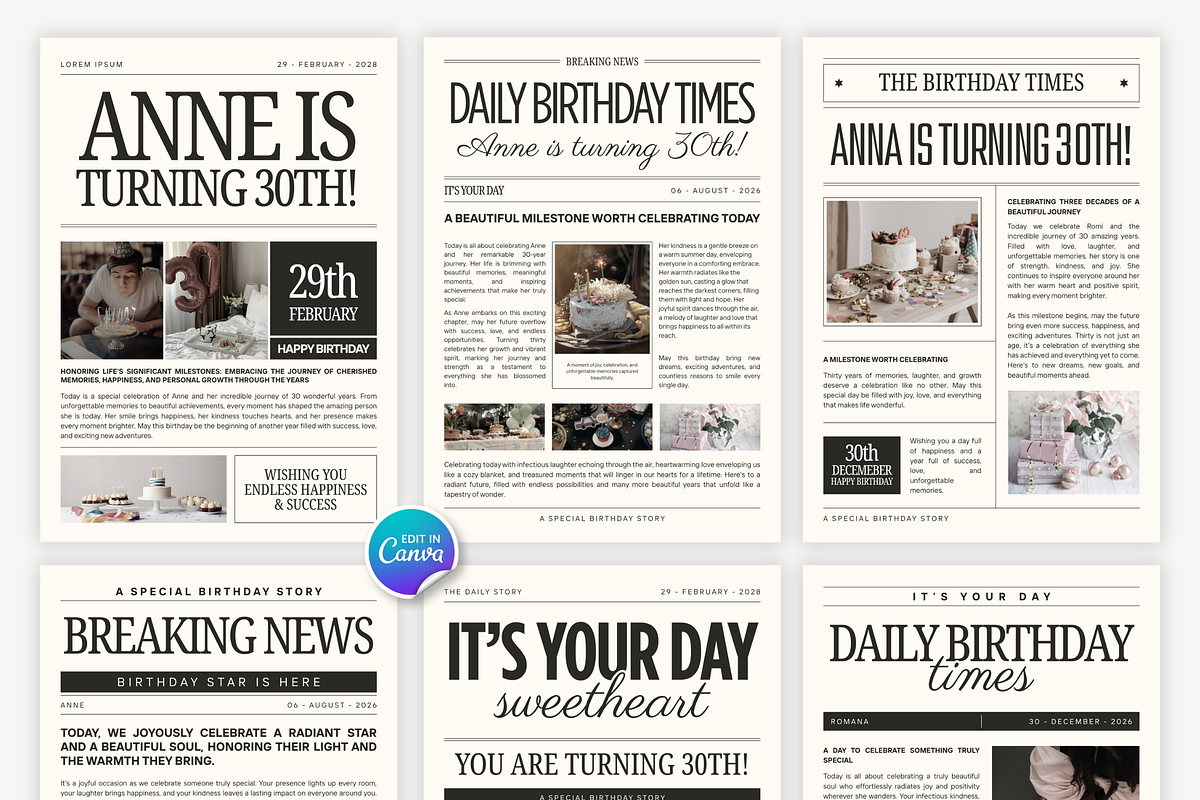 Birthday Newspaper Canva Template, a Magazine Template by Snapybiz (Photo 3 of 10)