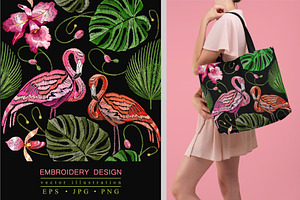 Flamingo And Palm Leaves