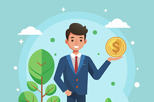 Man in suit holding coin, a Person Illustration by SouravDesign