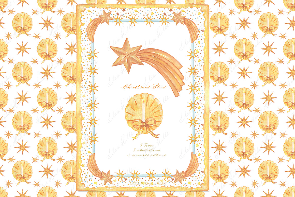Christmas Golden Stars Watercolor, a Decorative Illustration by LABFcreations (Photo 1 of 6)