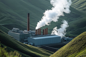 A power plant with smokestacks emitting steam, nestled in a lush green valley s, an Industrial Photo by Textures & Backgrounds