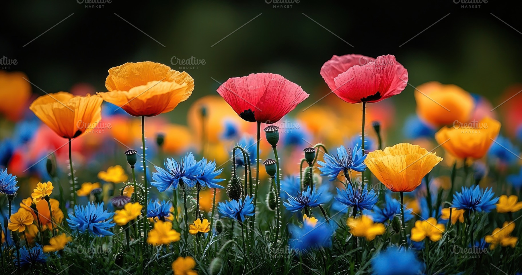 Bright multicolored poppies and blue cornflowers in a blooming w, a Nature Photo by José Manuel Gelpi