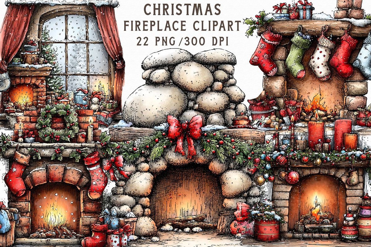Christmas Fireplace Clipart, an Illustration by Libby Wishes (Photo 1 of 9)