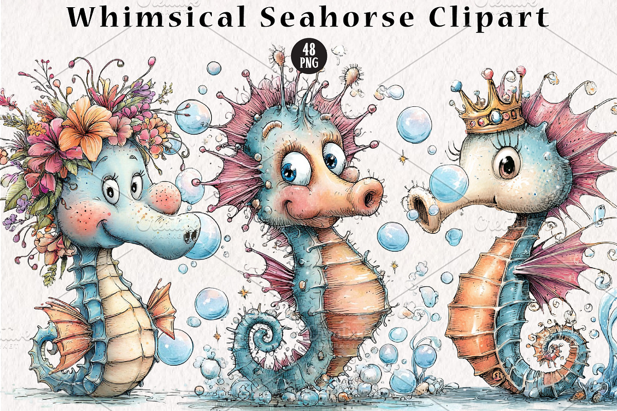 Whimsical Seahorse Clipart, a Seasonal Illustration by CreationArt (Photo 1 of 5)