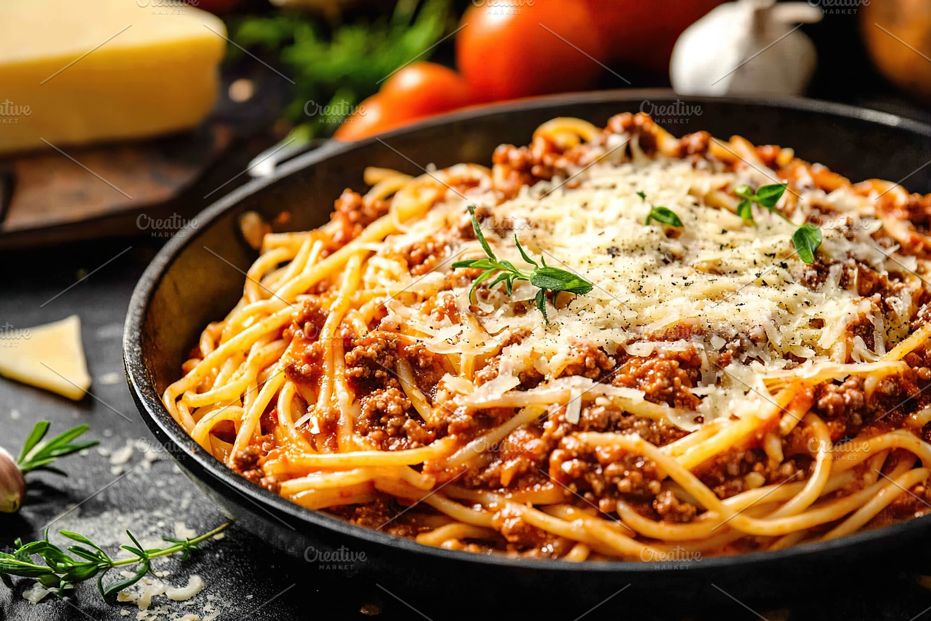 Spaghetti bolognese with ground beef on a frying pan, a Food & Drink Photo by AlyaAnd