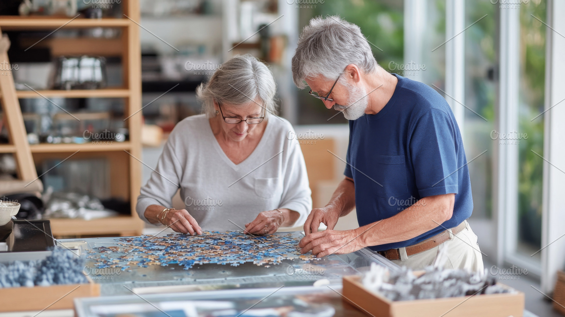 Senior couple assembling puzzle toge, a Photo by Dvoevnore photos