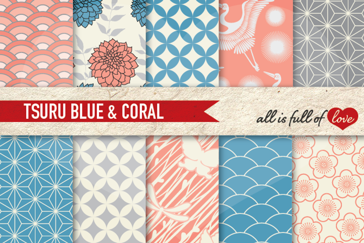 Coral & Blue Japanese Patterns