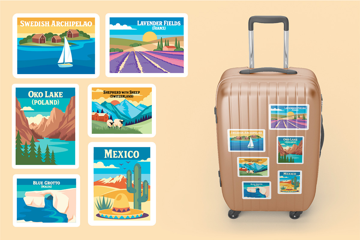 Travel Stickers and Retro Postage, an Object Illustration by Lettering_Logo (Photo 10 of 14)