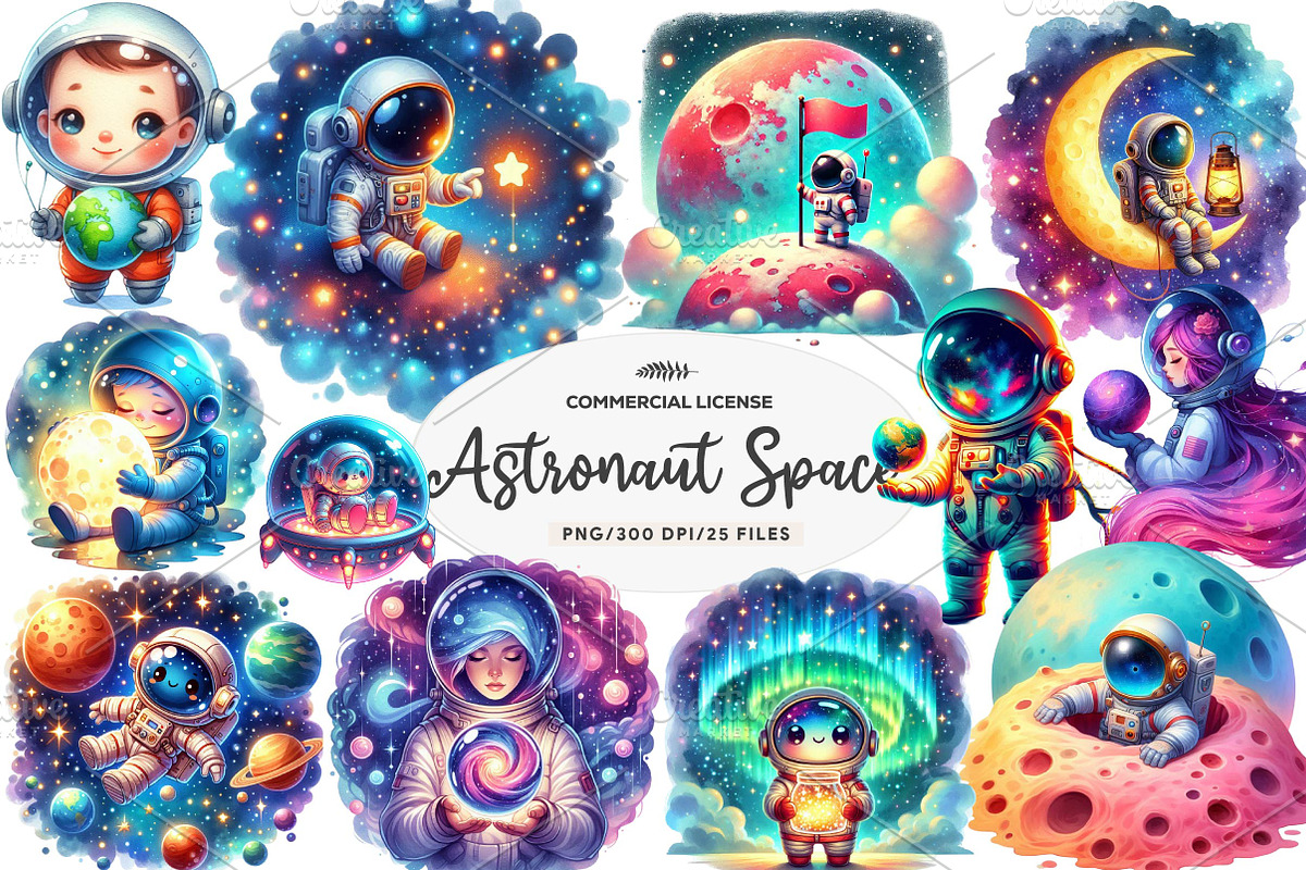 Watercolor Astronaut Space Clipart, an Illustration by CreationArt (Photo 1 of 5)