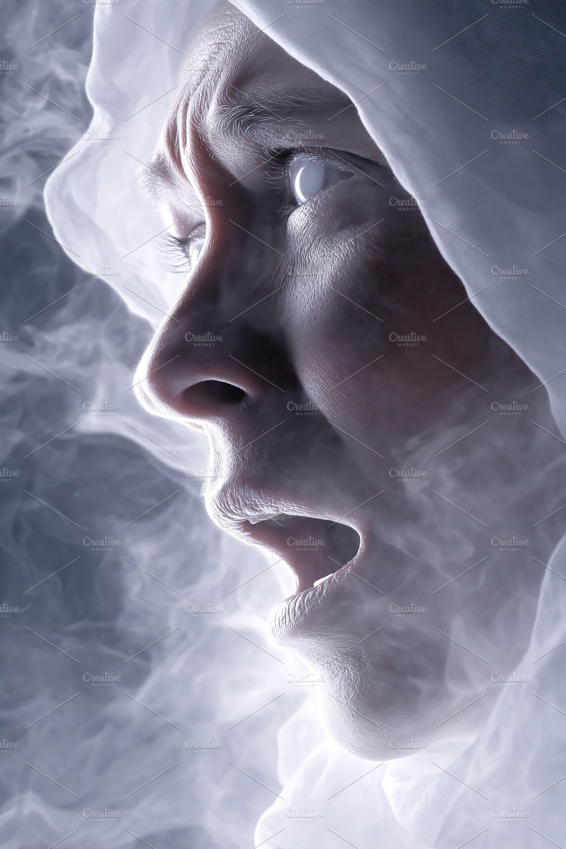 Mysterious figure emerging from fog with an expression of shock and fear, an Arts & Entertainment Photo by AlyaAnd