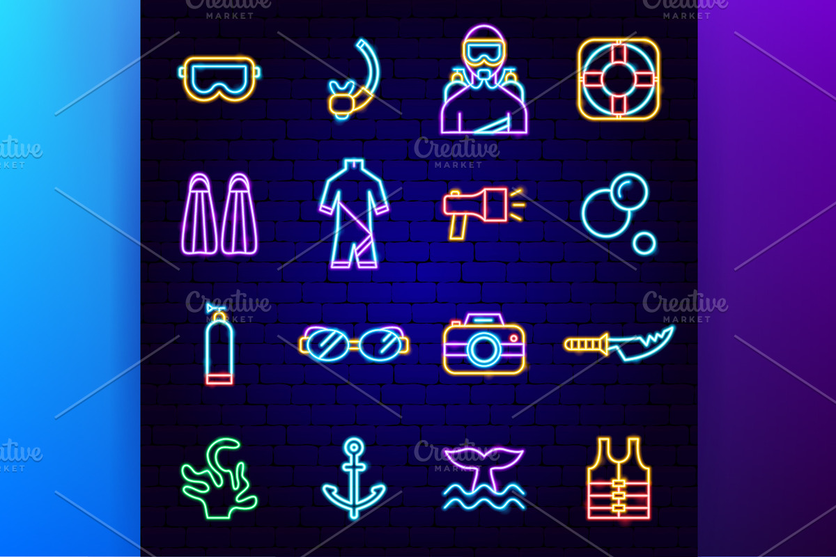 Scuba Diving Neon Vector Icons, an Outline Icon by Anna_leni (Photo 2 of 9)