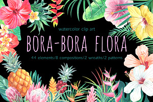 Bora-Bora flora.Watercolor clip art
