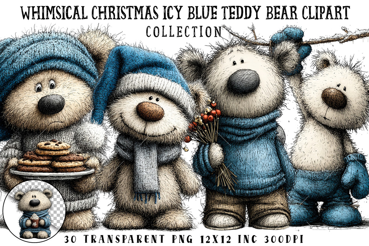 Whimsical Christmas Blue Teddy Bear, an Illustration by OK Design (Photo 1 of 6)