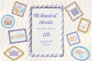 Whimsical threads watercolor clipart