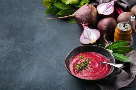 Seasonal fall autumn creamy beetroot soup on a table, a Food & Drink Photo by Antonina Vlasova