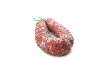Delicious sausage with rope isolated on white background, a Food & Drink Photo by AtlasStudio
