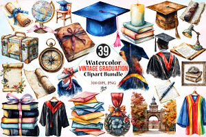 Watercolor Vintage Graduation PNG, an Education Illustration by Canvas Craft