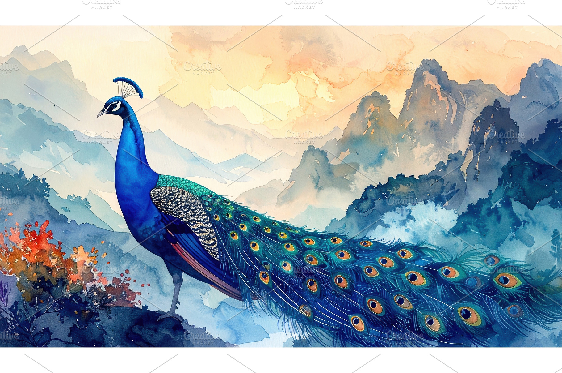 Watercolor peacock standing on cliff, an Animal Photo by Igor Tichonow