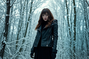 beautiful young goth woman in the snow AI generated, a Photo by WorldOfPhotos