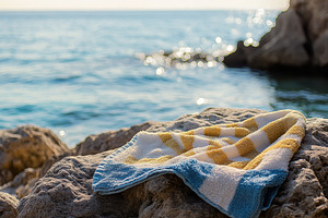 Colorful beach towel resting on rock, a Photo by Pavel_design