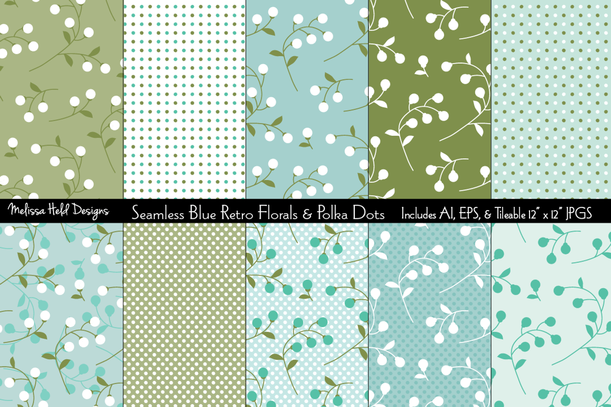 Seamless Blue Retro Florals & Dots
