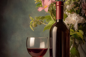 Red wine bottle and poured glass with a vibrant floral bouquet, creating a clas, a Food & Drink Photo by Studio ANNA