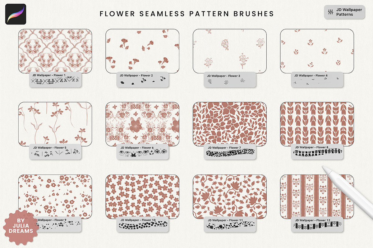 Wallpaper Pattern Procreate Brushes, a Brush Add-On by Julia Dreams (Photo 2 of 8)