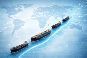 Container ships on digital ocean map, a Photo by Dvoevnore photos