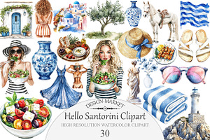 Watercolor Hello Santorini Clipart, an Illustration by Design Market