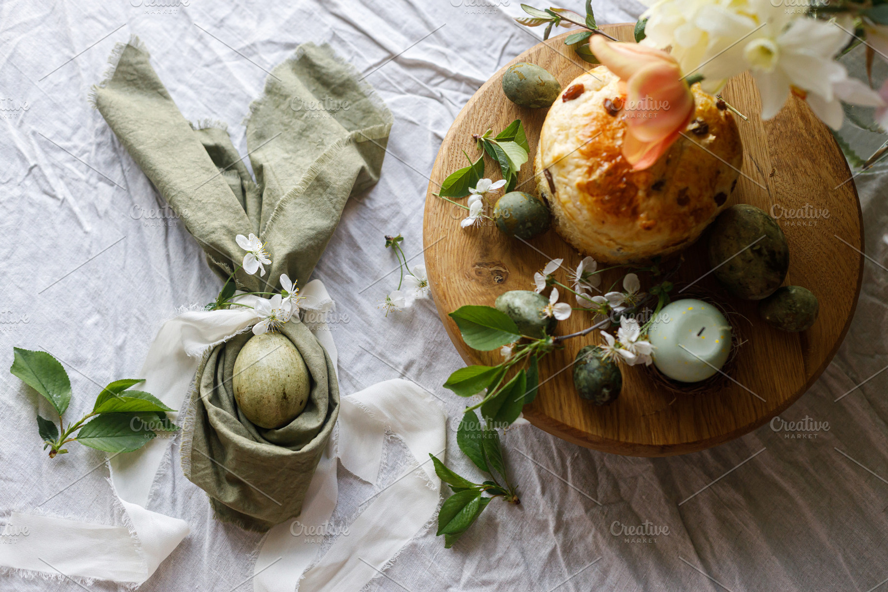 Easter celebration. Stylish green easter eggs in bunny ears napk, a Holiday Photo by Sonjachni
