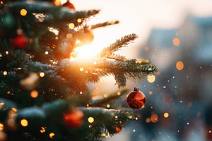 Festive Christmas tree with ornament and sunlight, a Holiday Photo by AlyaAnd