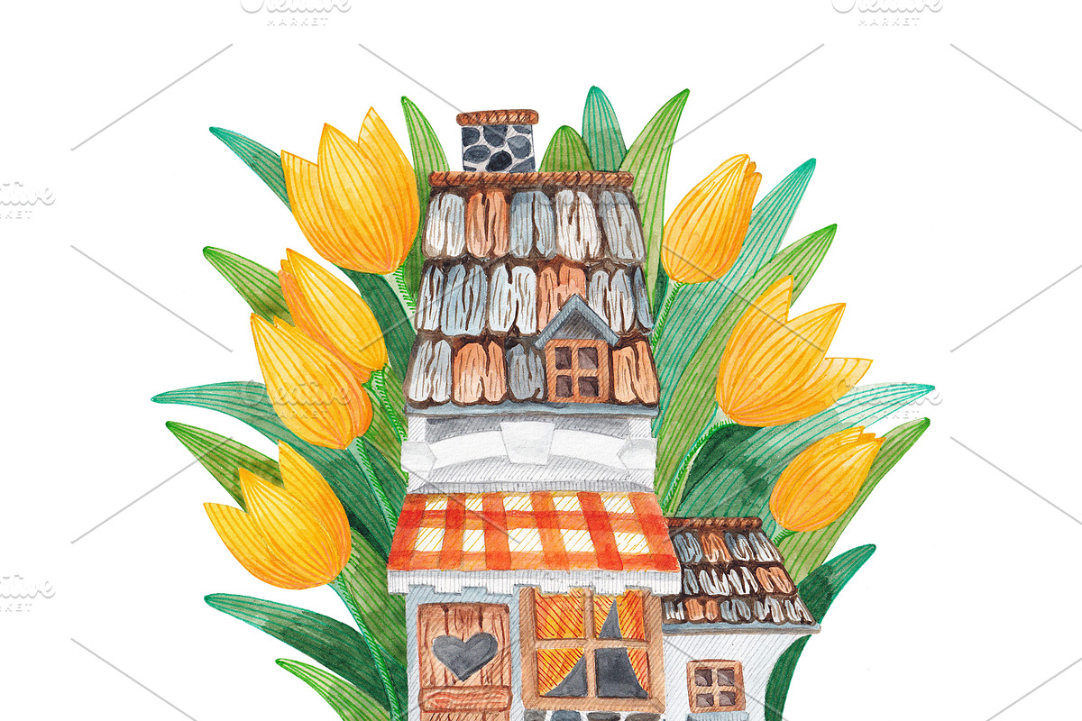 Watercolor house in yellow tulips, an Illustration by palllna (Photo 2 of 4)