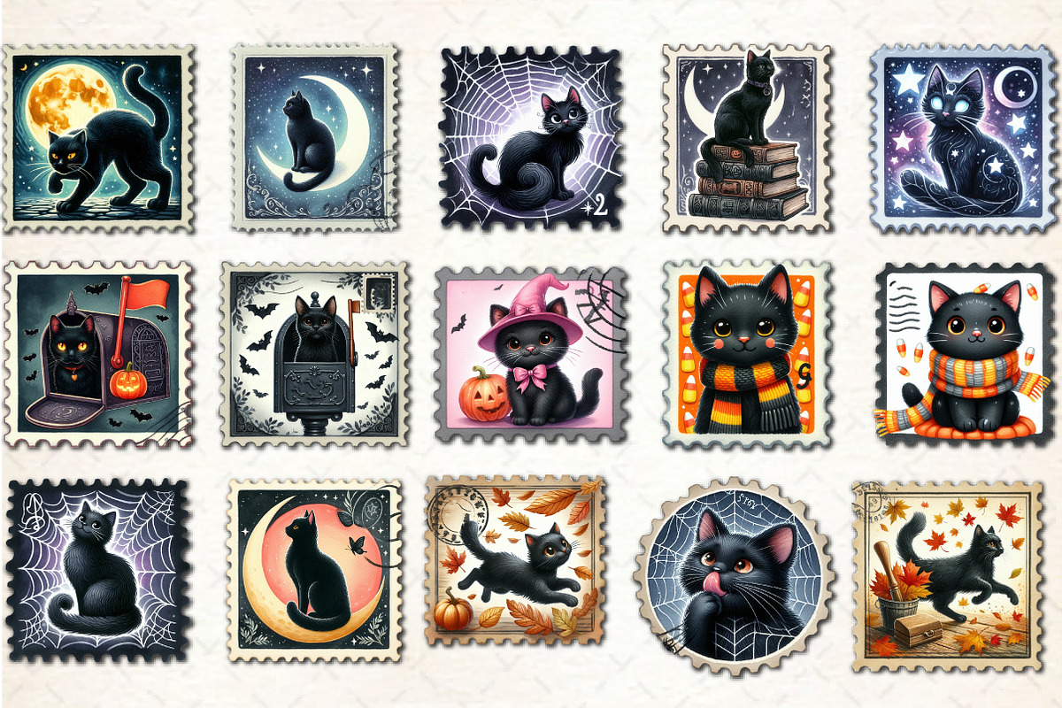 Halloween Black Cat Postage Stamp PN, an Illustration by Rose Art (Photo 2 of 4)