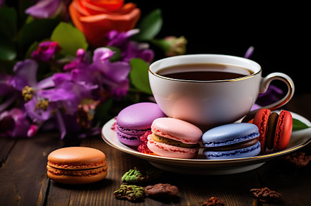 Colorful macarons with cup of tea on wooden background, a Food & Drink Photo by AlyaAnd