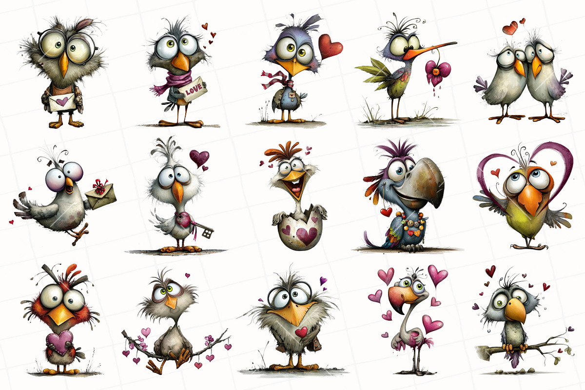 Whimsical Valentine Bird Clipart, an Illustration by OK Design (Photo 3 of 6)