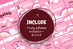 Unicorn Birthday Invitation Canva