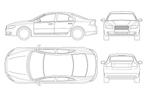 Sedan Car In Outline. Business Sedan Vehicle Template Vector Isolated On White. View Front, Rear, Side, Top. All Elements In Groups