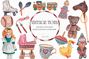 Vintage Toys Watercolor Clipart, an Illustration by MariaOrtegaDigitals (Thumbnail 1 of 6)