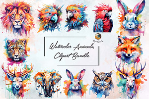 15 Watercolor Animals Clipart Bund