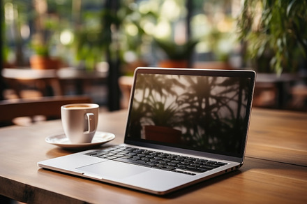 Laptop and coffee cup on wooden table in coffee shop. Generative, a Business Photo by AS photostudio