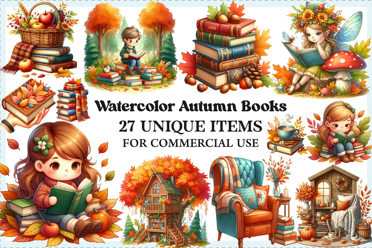 Watercolor Autumn Books Clipart, an Illustration by Craft Nest (Photo 1 of 5)