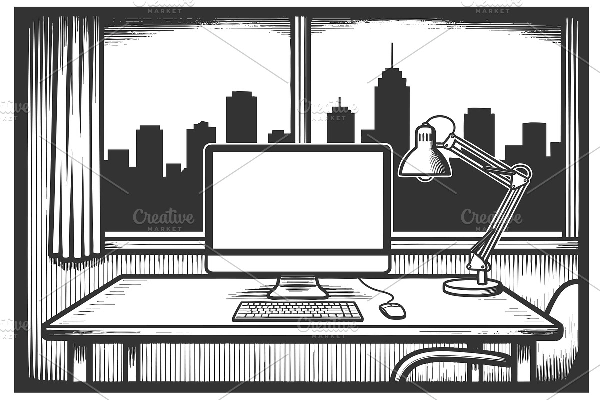 Modern office desk with city view, an Object Illustration by AlexArt