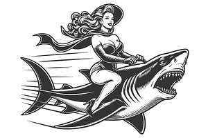 Pin-Up Girl Riding Shark engraving, a Person Illustration by AlexArt