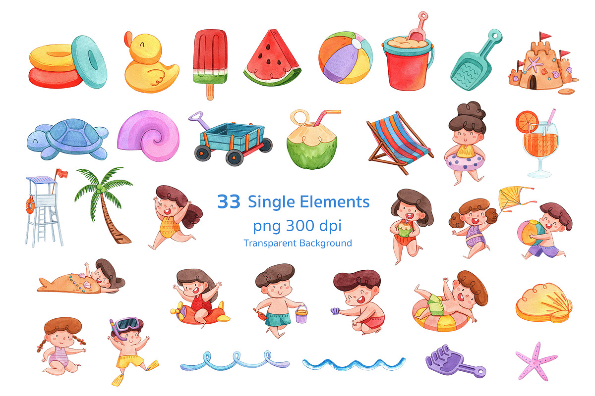 Kids Playing on the beach Watercolor, a Person Illustration by CreativeValuation (Photo 2 of 15)