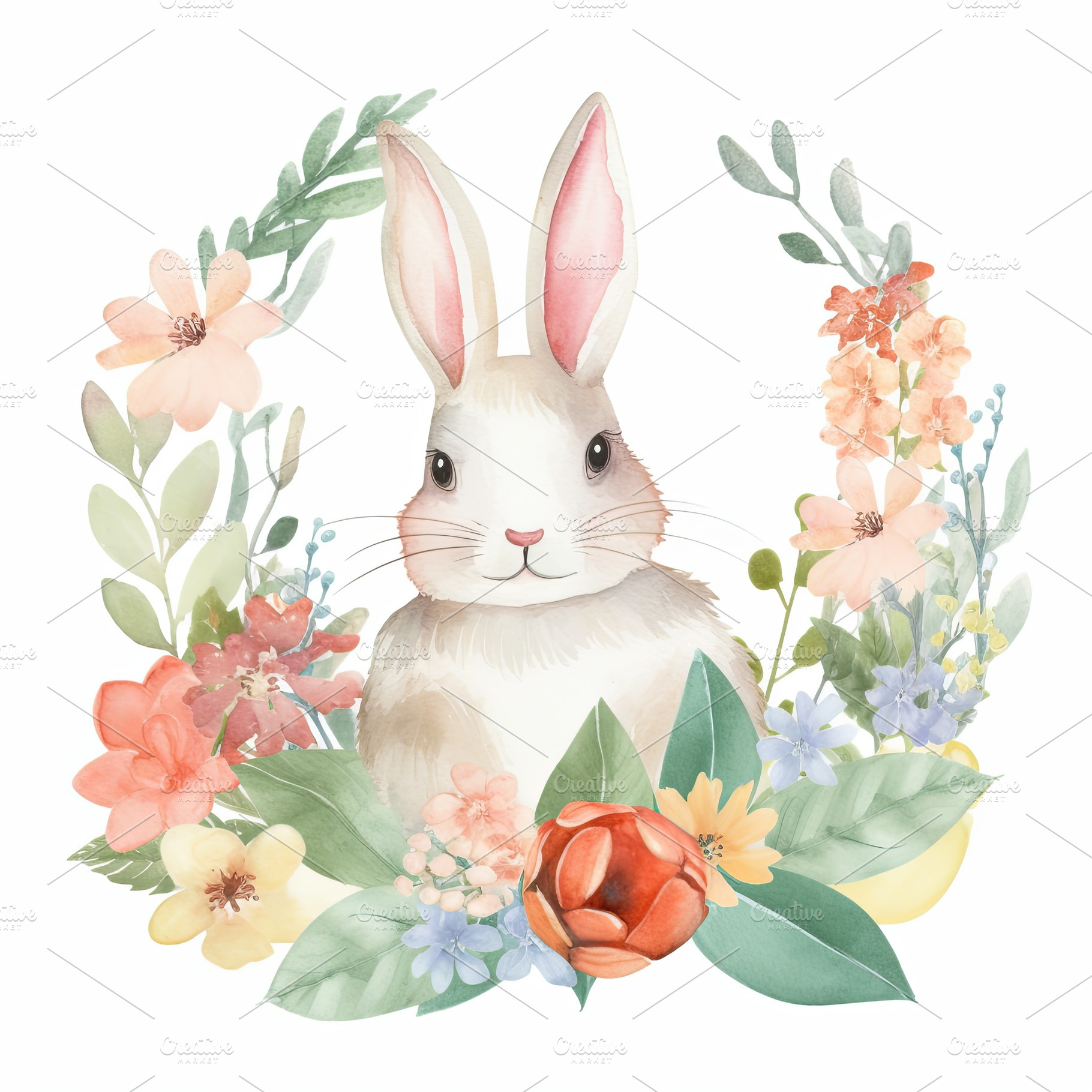 Watercolor cute bunny with a floral, a Photo by Iftikhar Alam