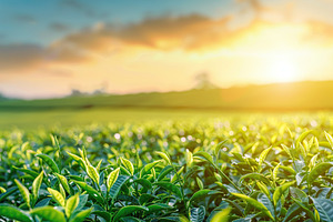 Green tea plantation at sunrise background, a Nature Photo by AlyaAnd